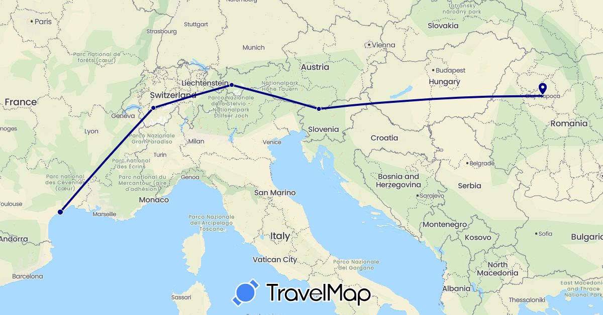 TravelMap itinerary: driving in Austria, Switzerland, France, Romania, Slovenia (Europe)